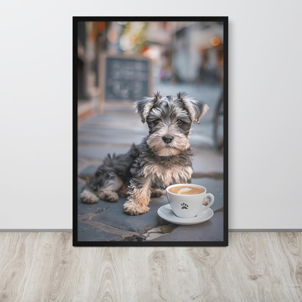 Schnauzer Puppy Coffee Print displayed in a modern room, ideal cute puppy dog print accent for schnauzer poster