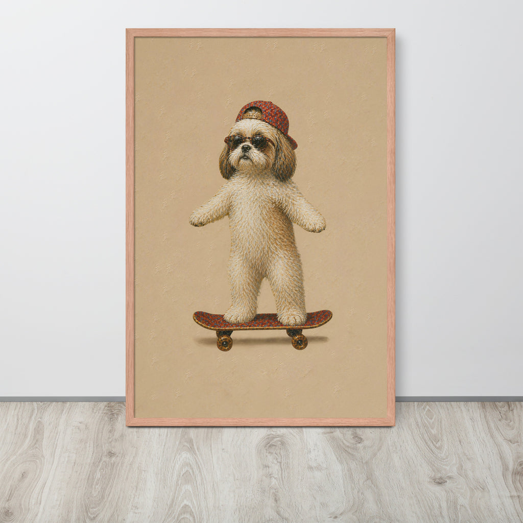 Shih tzu dog nursery wall art print featuring a Shih Tzu dog standing on a skateboard, wearing a red knit hat and dark sunglasses, set against a warm beige background. The print is housed in a light pinkish wood frame and is displayed leaning against a white wall on a light gray wood floor.