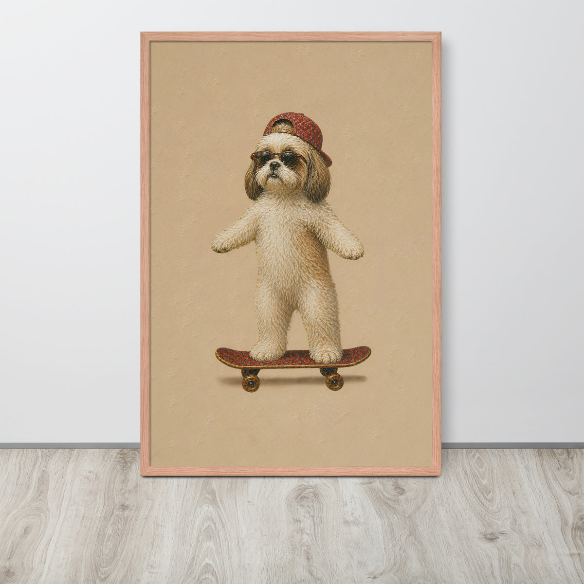Shih tzu dog nursery wall art print featuring a Shih Tzu dog standing on a skateboard, wearing a red knit hat and dark sunglasses, set against a warm beige background. The print is housed in a light pinkish wood frame and is displayed leaning against a white wall on a light gray wood floor.