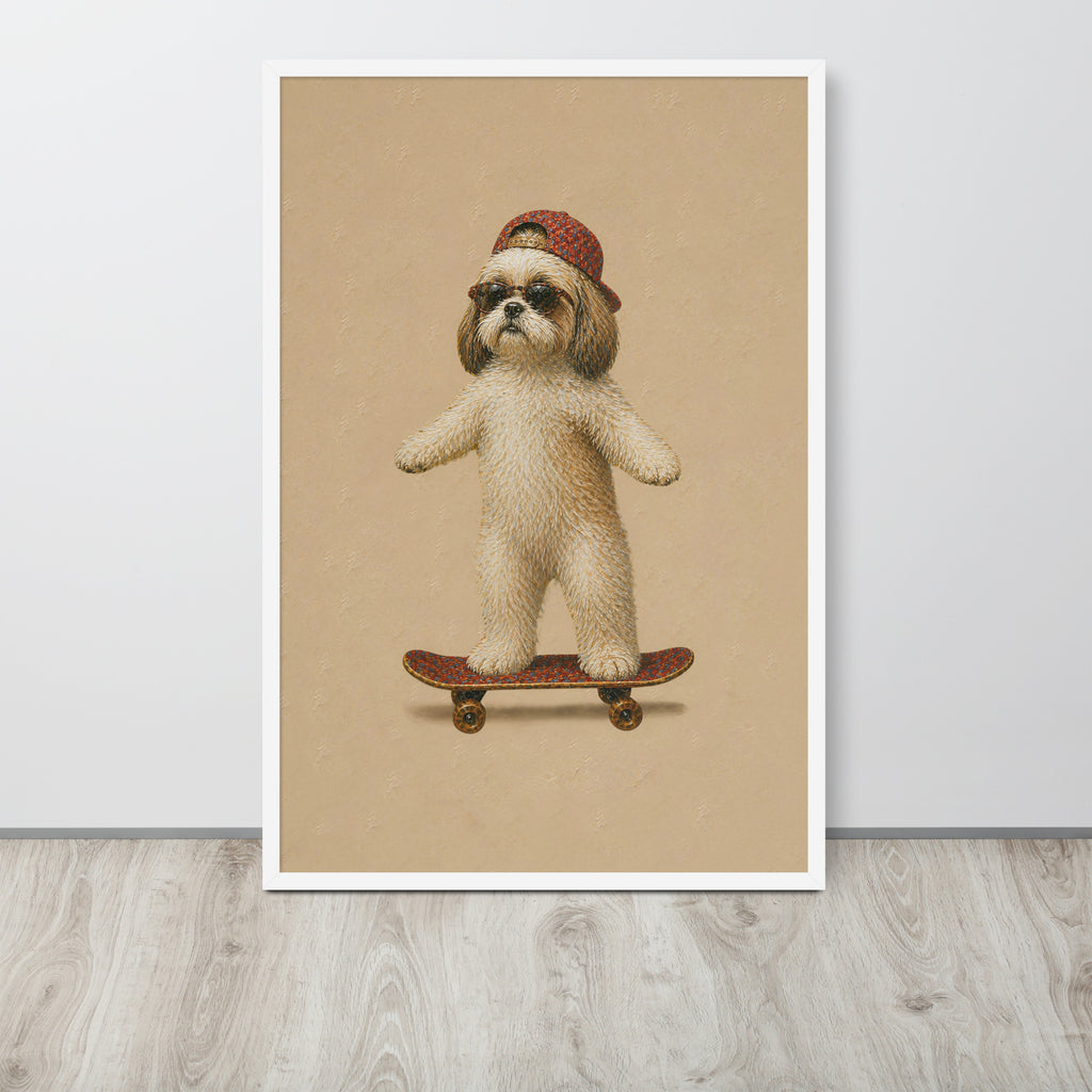 Shih tzu dog nursery wall art poster print featuring a small cream-colored dog wearing a red hat and sunglasses while standing on a skateboard, displayed against a light gray wall on a light wood floor.