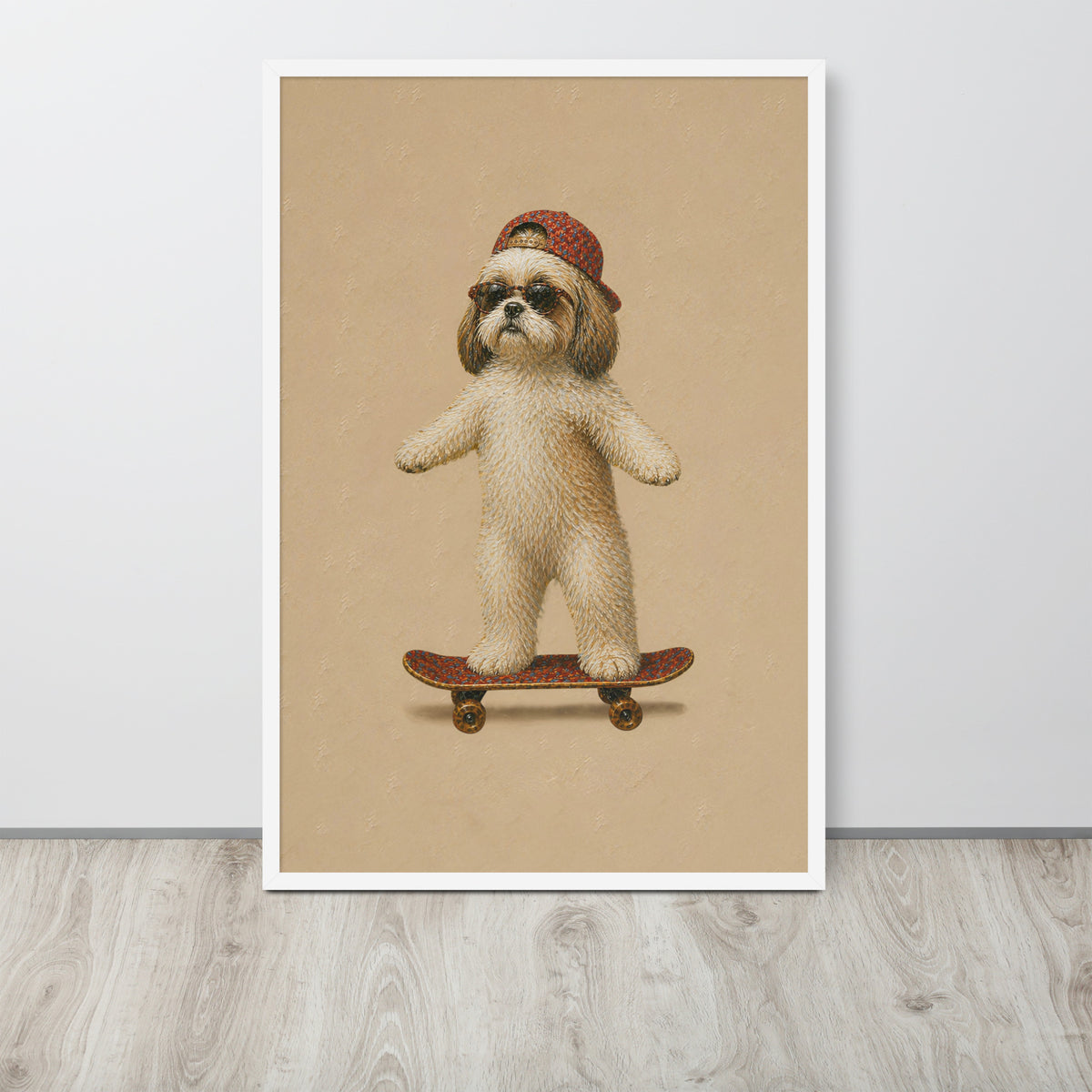 Shih tzu dog nursery wall art poster print featuring a small cream-colored dog wearing a red hat and sunglasses while standing on a skateboard, displayed against a light gray wall on a light wood floor.