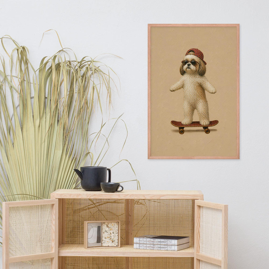 Shih Tzu Skateboard Wall Art displayed in a modern room, ideal minimalist dog art accent for shih tzu poster