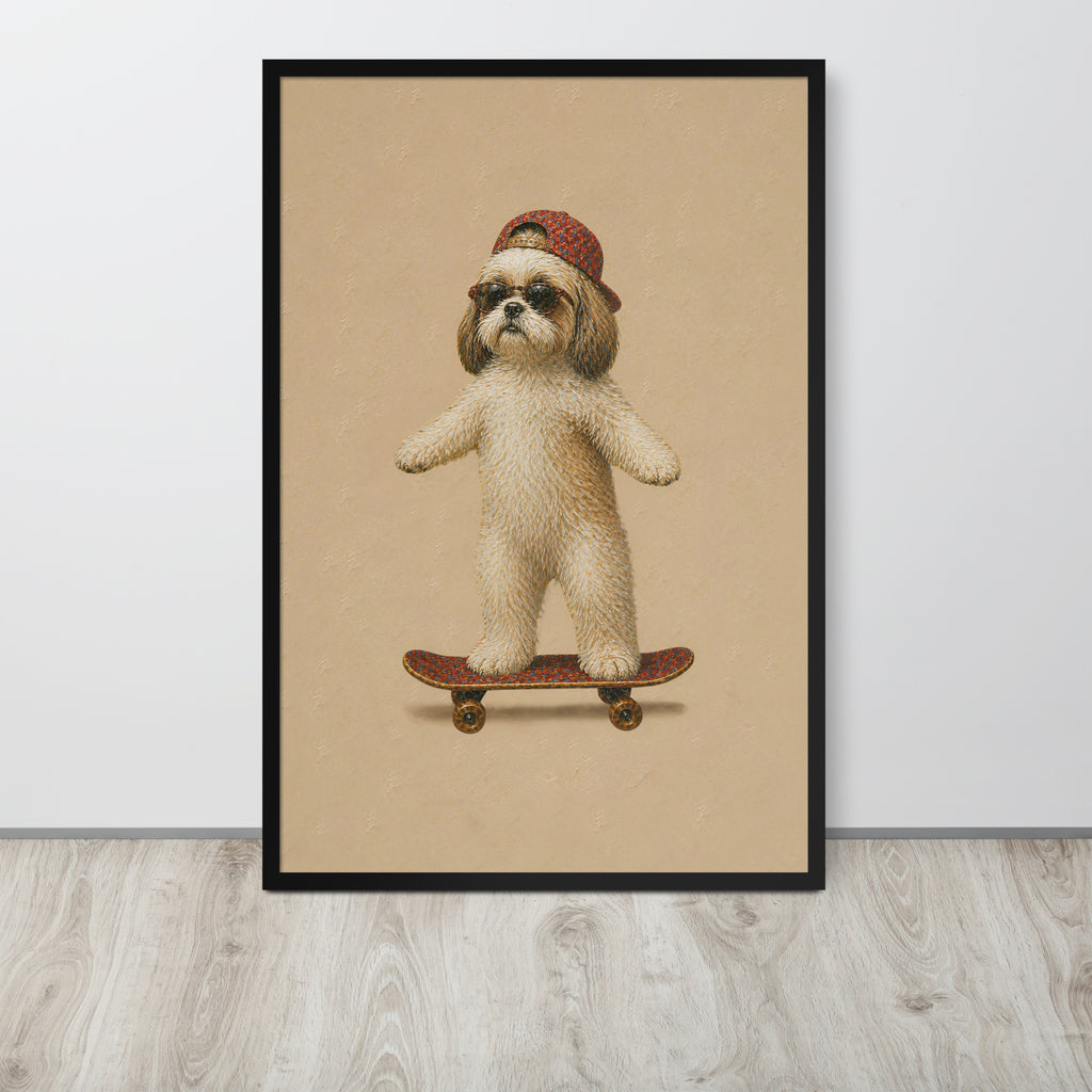 Shih tzu dog wall art print featuring a Shih Tzu dog wearing a red knit hat and sunglasses while balancing on a skateboard, displayed against a light gray wall on a light wood floor.