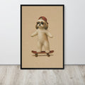 Shih tzu dog wall art print featuring a Shih Tzu dog wearing a red knit hat and sunglasses while balancing on a skateboard, displayed against a light gray wall on a light wood floor.