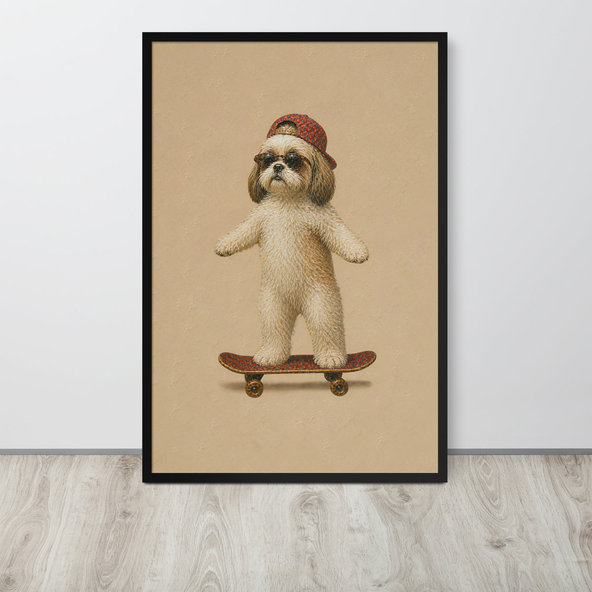 Shih tzu dog wall art print featuring a Shih Tzu dog wearing a red knit hat and sunglasses while balancing on a skateboard, displayed against a light gray wall on a light wood floor.