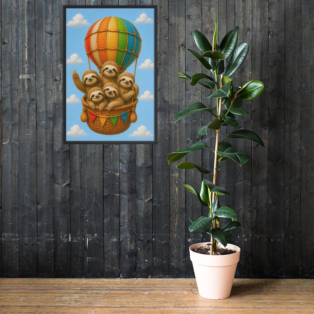 Sloths Hot Air Balloon Nursery Wall Art styled on a wall, blending baby sloth and sloth baby inspiration