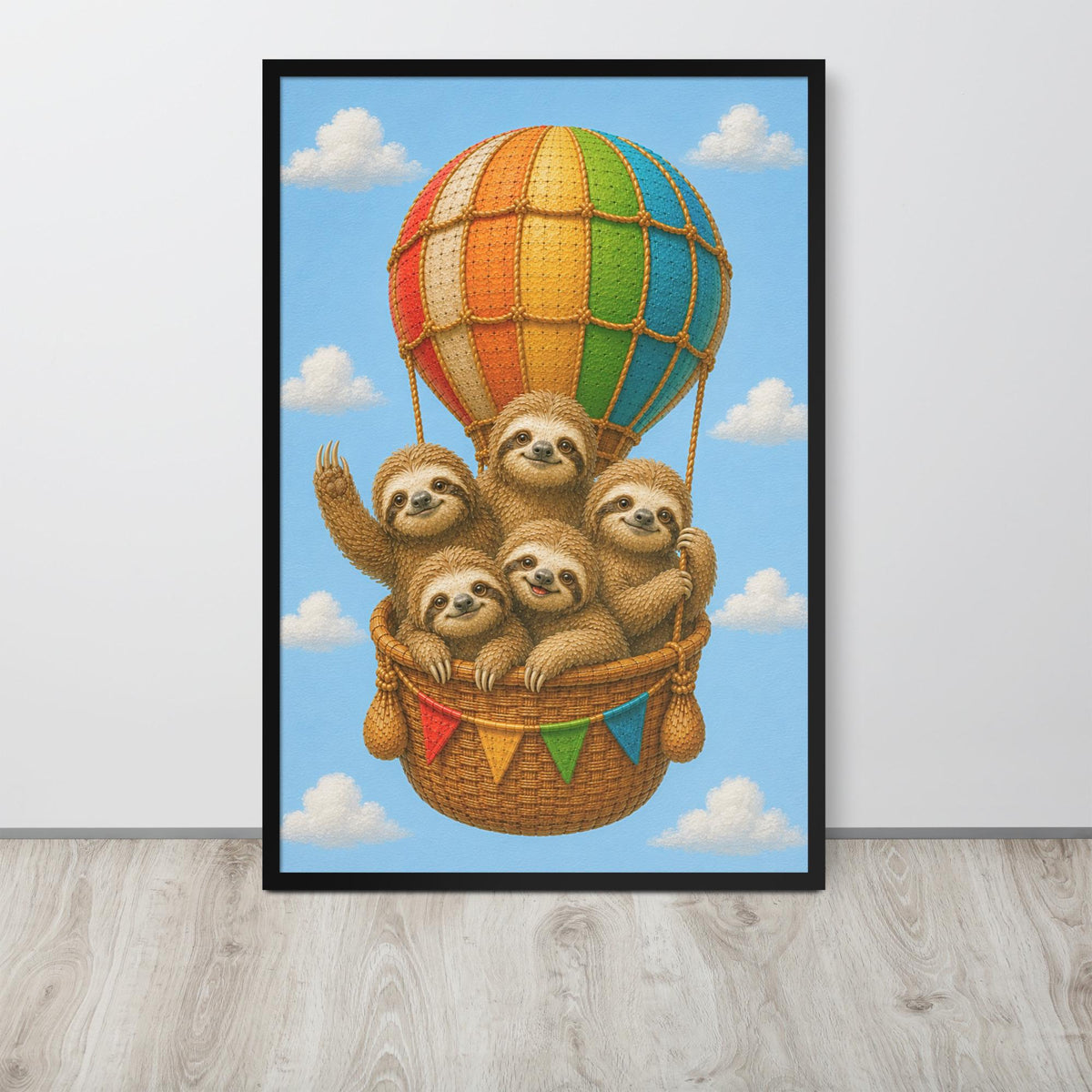 Sloths Hot Air Balloon Nursery Wall Art displayed in a modern room, ideal nursery wall art accent for sloth poster