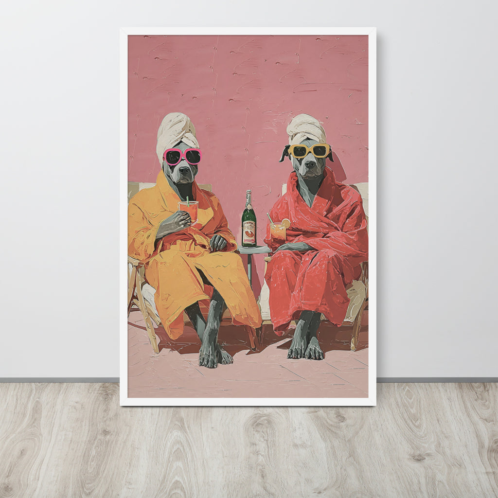 Cute staffy wall art print featuring a whimsical illustration of two staffy dogs dressed in colourful robes and sunglasses, sitting in a pink setting.
