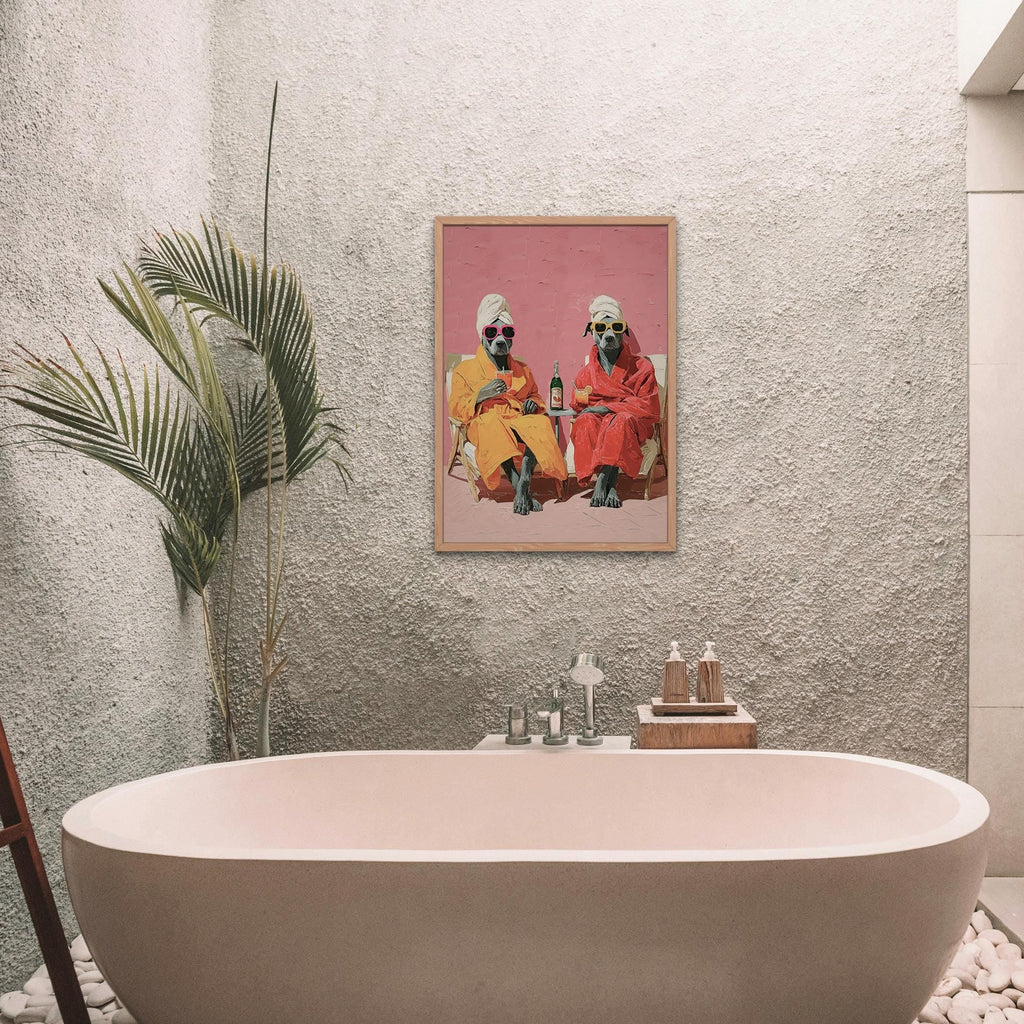 Staffy x Pitbull Spa Wall Art styled on a wall, blending funny bathroom art and pitbull wall art inspiration