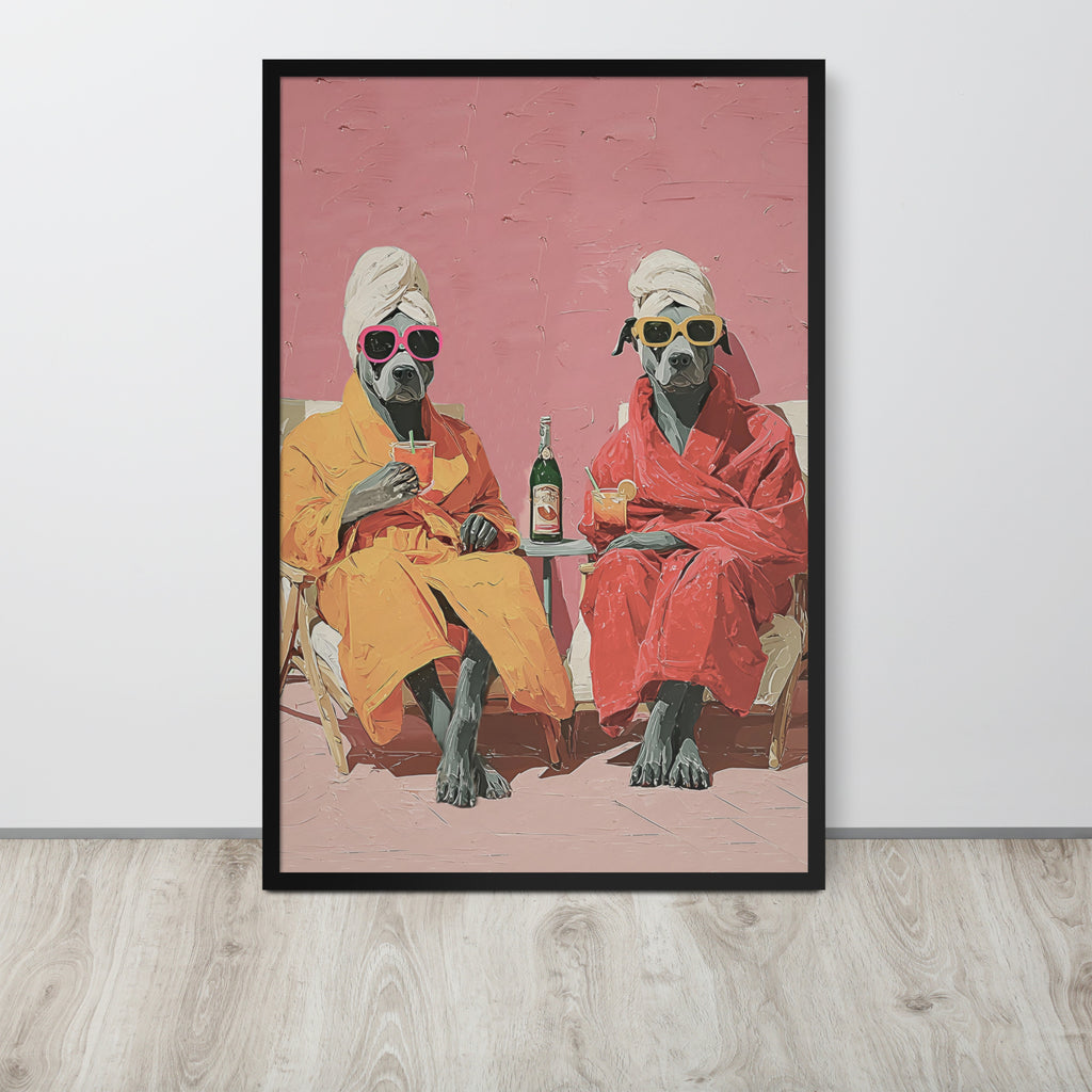 Staffy wall art print featuring two staffy dogs dressed in colourful robes and towels, leaning against a white wall on a light wood floor.