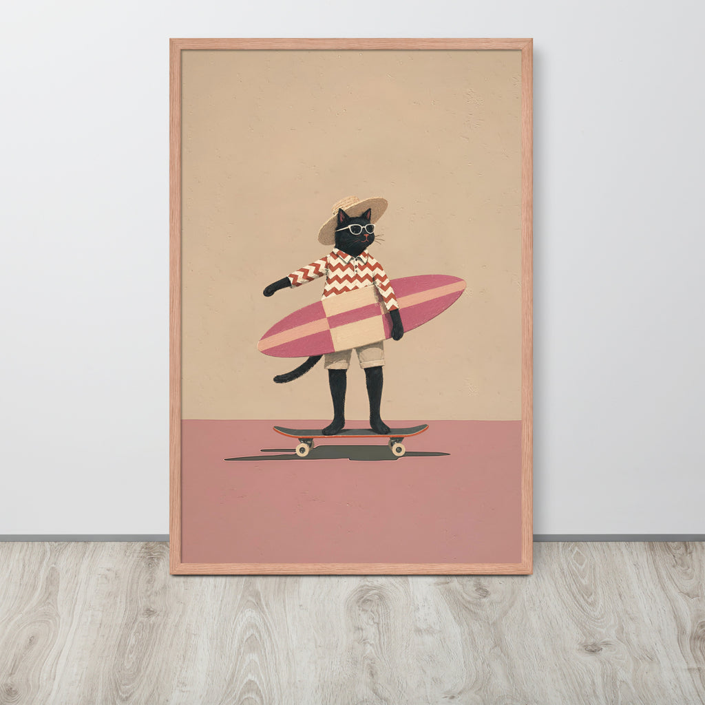 Vintage black cat wall art print featuring a black cat dressed as a surfer holding a pink surfboard, displayed against a light gray wall on a light wood floor.