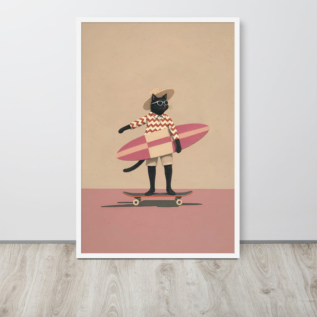 Retro black cat wall art print featuring a black cat dressed as a surfer holding a pink surfboard and riding a skateboard, displayed against a light gray wall on a light wood floor.