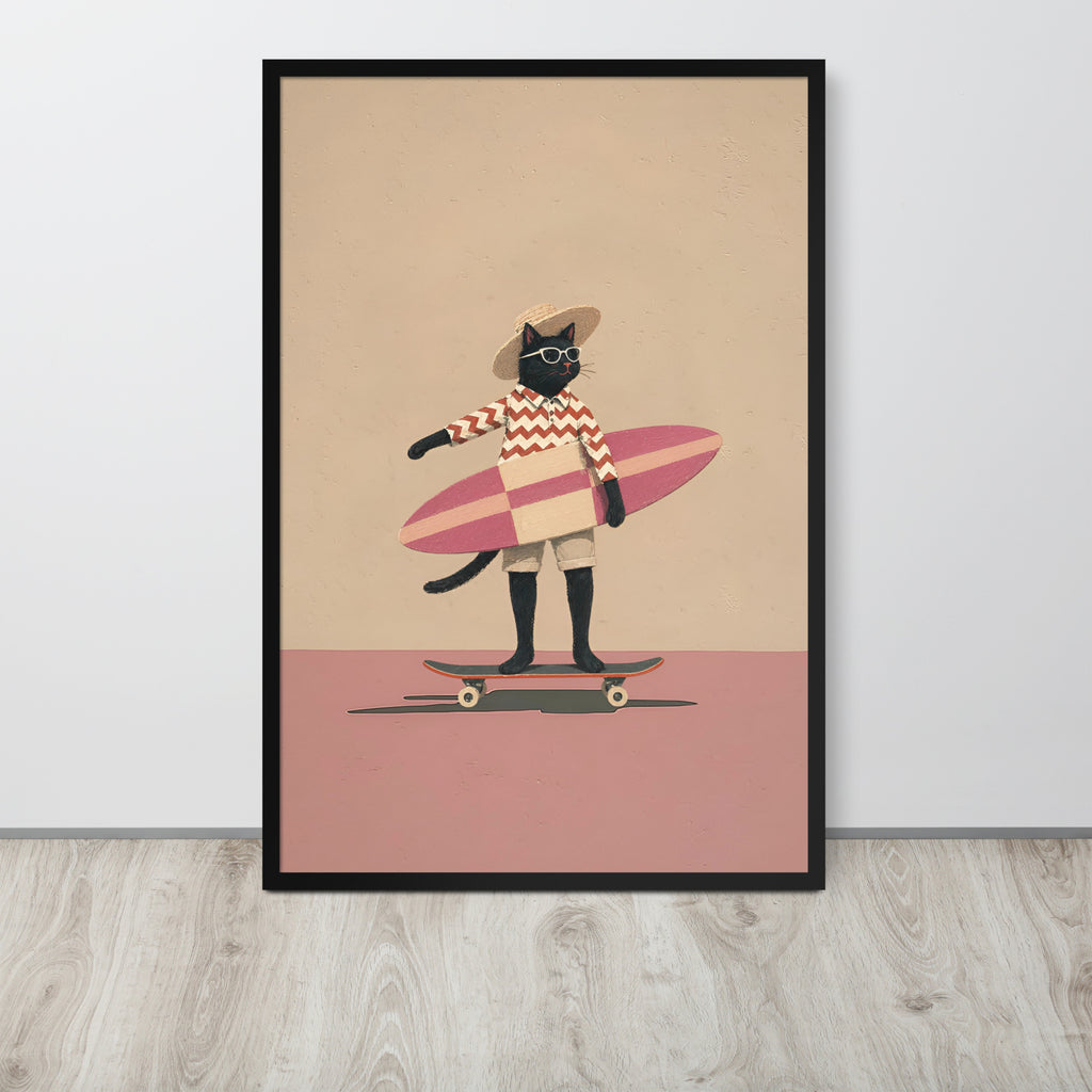 Black cat wall art print leaning against a white wall on a light wood floor. The print shows a black cat wearing a straw hat and sunglasses, holding a pink surfboard while standing on a skateboard against a beige and dusty pink background.