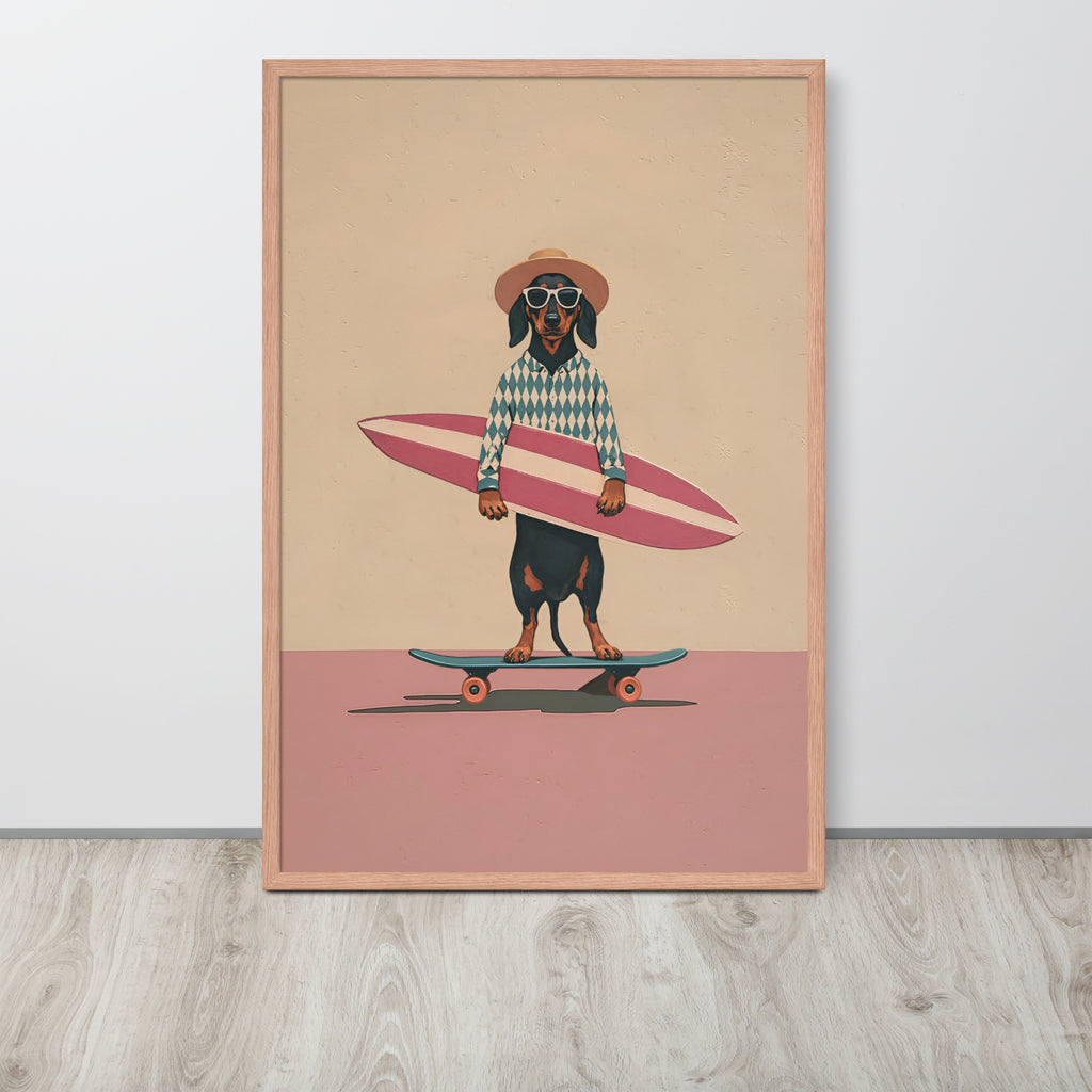 Vintage dachshund wall art print featuring a dachshund wearing sunglasses and a patterned shirt while holding a pink surfboard on a skateboard, displayed against a light gray wall on a wood floor.