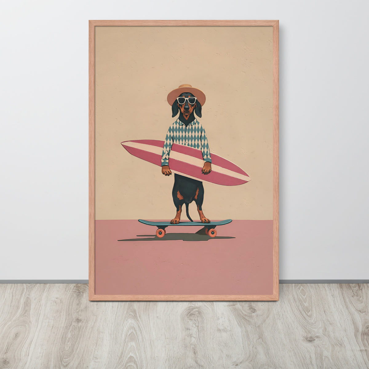 Vintage dachshund wall art print featuring a dachshund wearing sunglasses and a patterned shirt while holding a pink surfboard on a skateboard, displayed against a light gray wall on a wood floor.