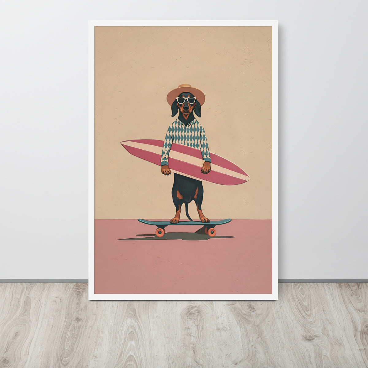 Retro dachshund wall art print. The print shows a dachshund wearing sunglasses and a hat, holding a pink surfboard while standing on a skateboard against a beige and dusty pink background.