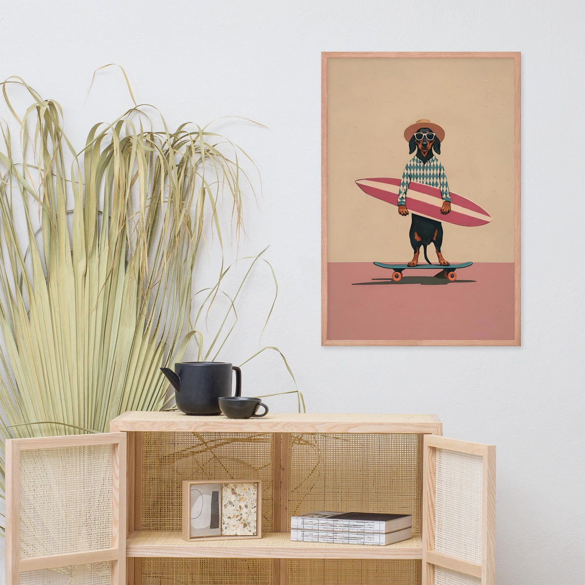 Minimalist Dog Wall Art Print displayed in a modern room, ideal dog skateboard art accent for neutral beige art