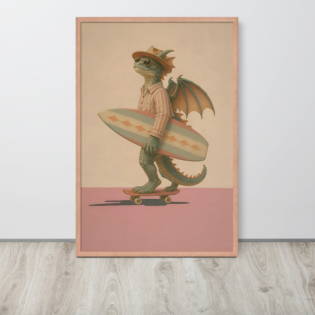A framed vintage mythical wall art print featuring a whimsical illustration of a green dragon wearing a hat and striped shirt, holding a surfboard while riding a skateboard. The print is displayed leaning against a white wall on a light wood floor.