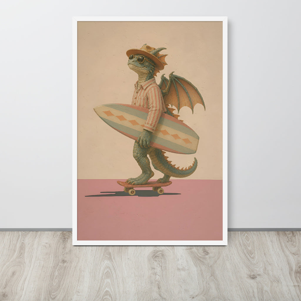 A vertical dragon wall art print featuring a whimsical illustration of a green dragon wearing a hat and striped shirt while carrying a surfboard on its back and riding a skateboard, displayed against a light gray wall on a wood floor.