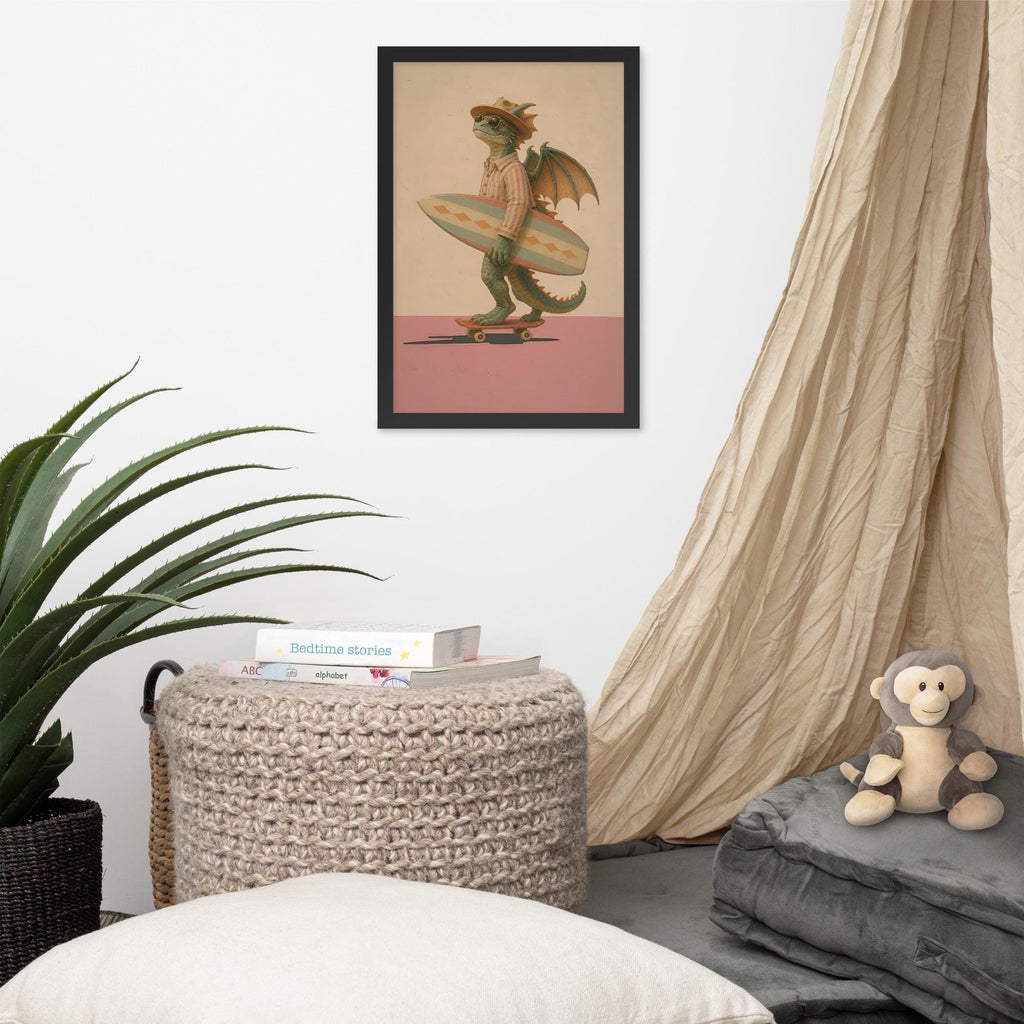 Surfing Dragon Wall Art Print styled on a wall, blending dragon painting and funny dragon art inspiration