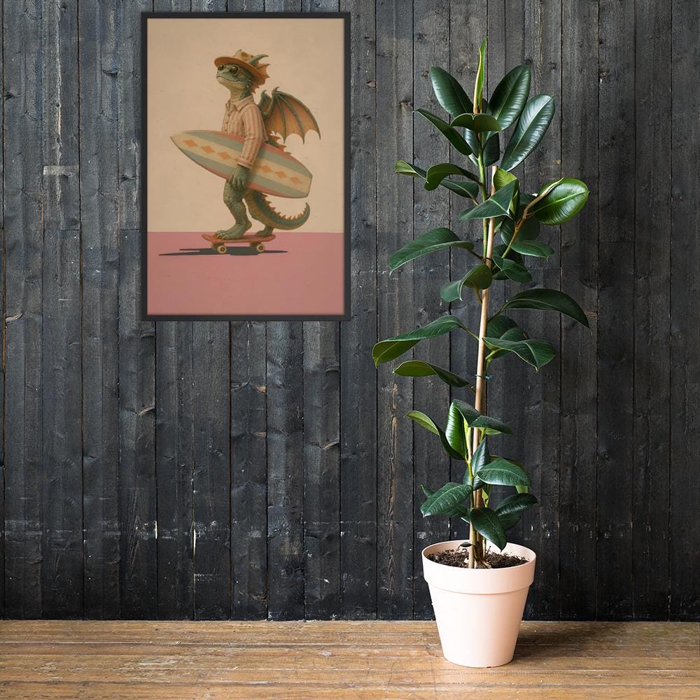 Surfing Dragon Wall Art Print mockup highlighting dragon print and mythical dragon art style