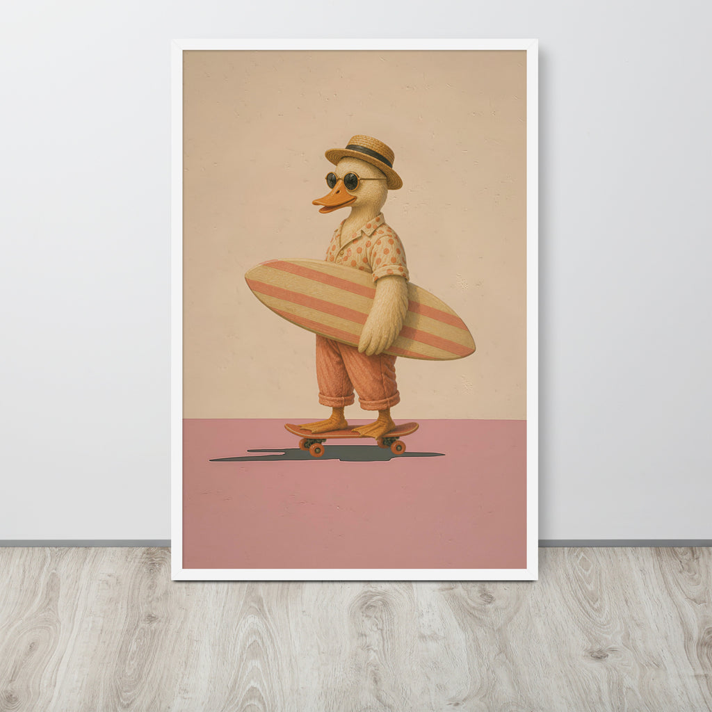 Whimsical duck wall art print featuring a whimsical duck character wearing a straw hat and sunglasses while holding a striped surfboard and standing on a skateboard, displayed against a light gray wall on a wood floor.