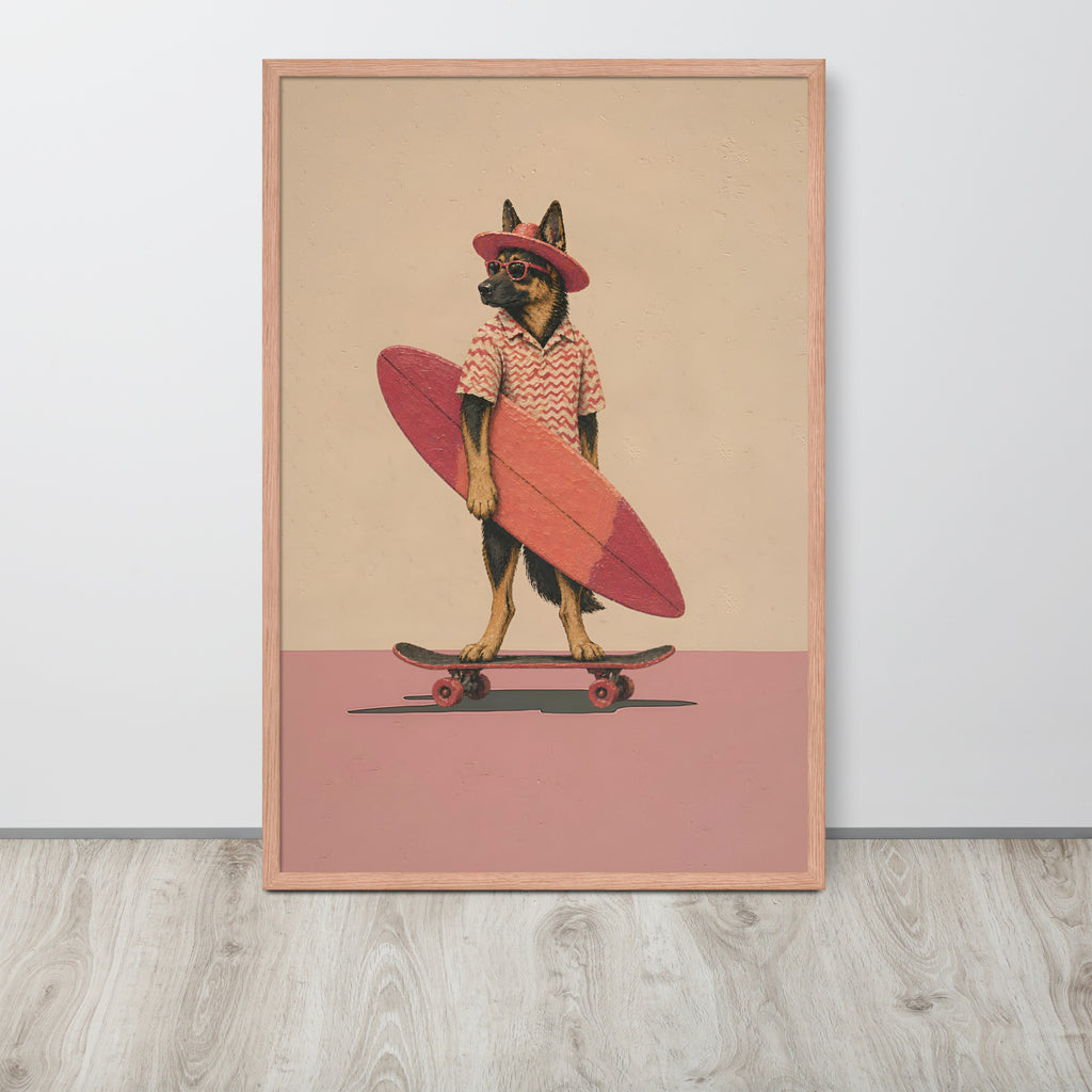 Vintage German shepherd wall art print featuring a German Shepherd dog dressed as a surfer, holding a pink surfboard on a skateboard against a beige and dusty pink background, leaning against a white wall on a light wood floor.