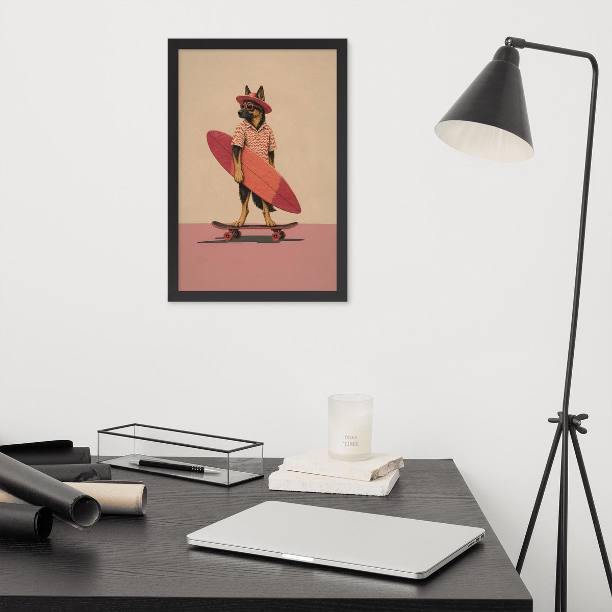 Vintage German Shepherd Wall Art Print showcasing dog skateboard art, a great pick for german shepherd gift lovers