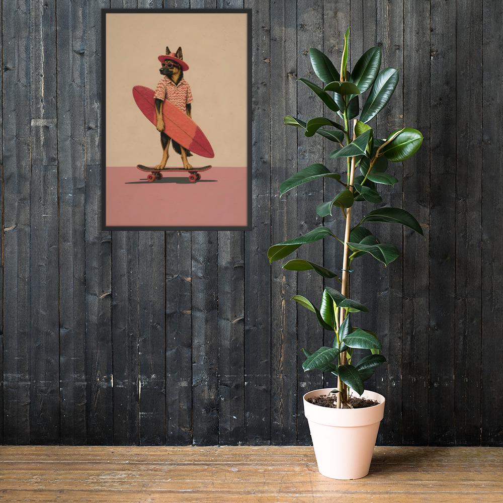 Vintage German Shepherd Wall Art Print mockup highlighting dog surf art and minimalist dog art style
