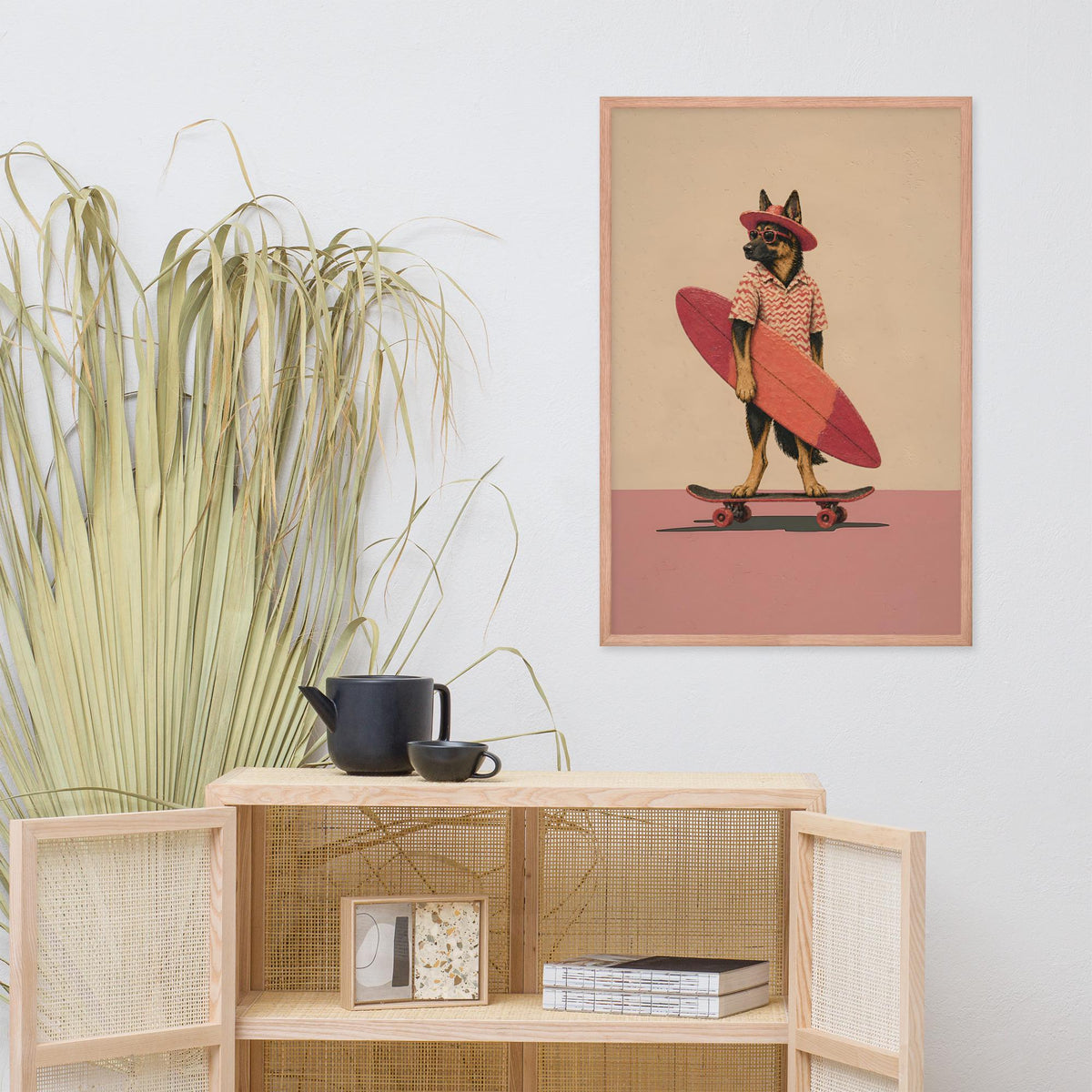 Vintage German Shepherd Wall Art Print displayed in a modern room, ideal dog surfboard art accent for mothers day gift
