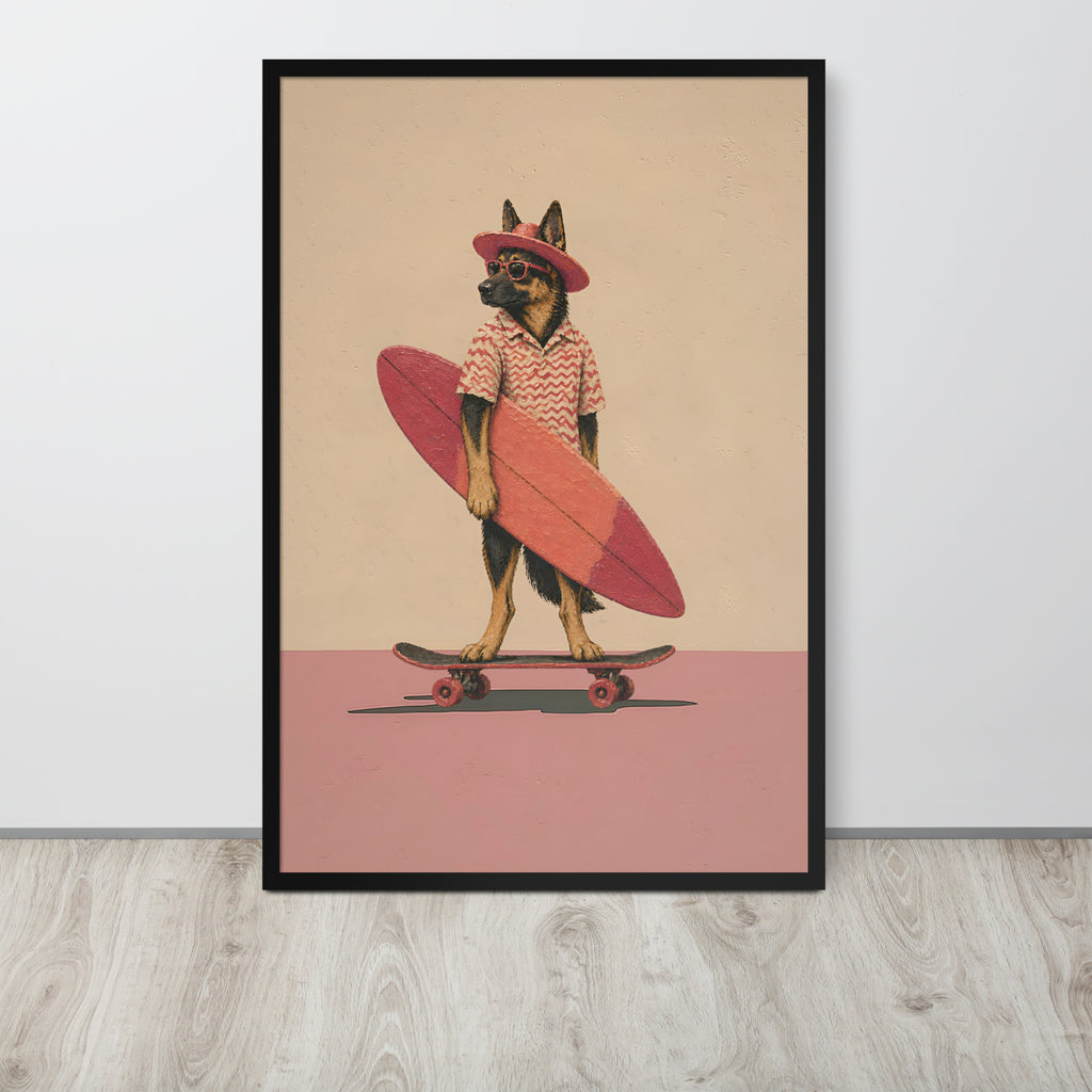German shepherd wall art print leaning against a white wall on a light wood floor. The artwork shows a German shepherd dog dressed as a surfer, holding a pink surfboard on a skateboard, with a beige background and pink lower section.