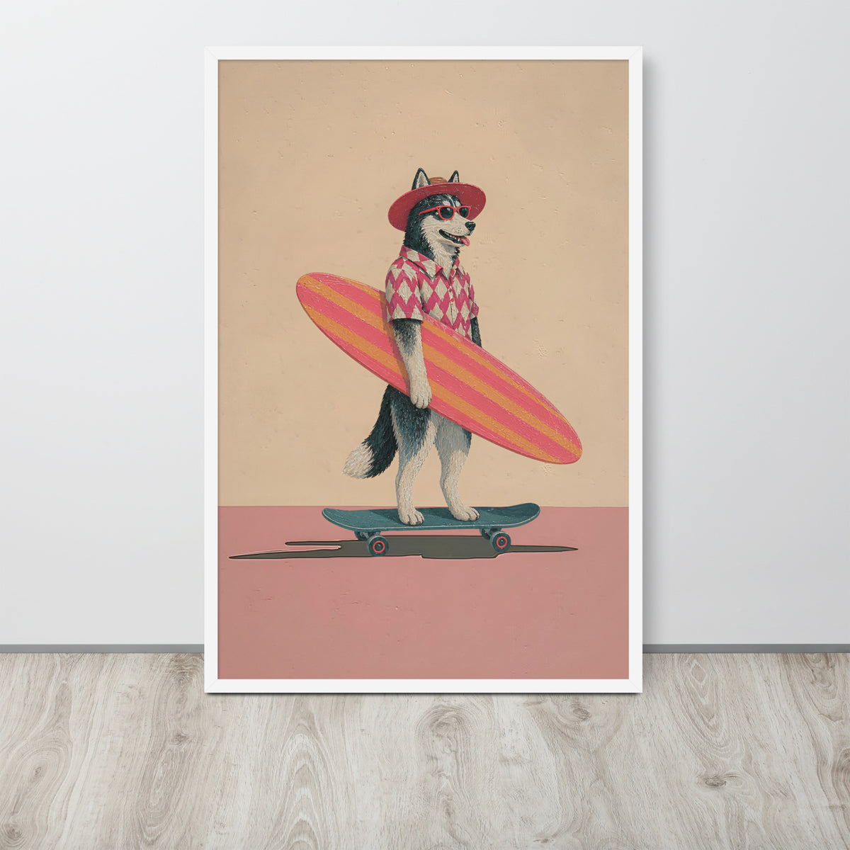 Retro husky dog wall art print featuring a stylized husky dog dressed as a surfer, standing on a skateboard and holding a pink surfboard. The print is displayed against a light gray wall on a light wood floor.