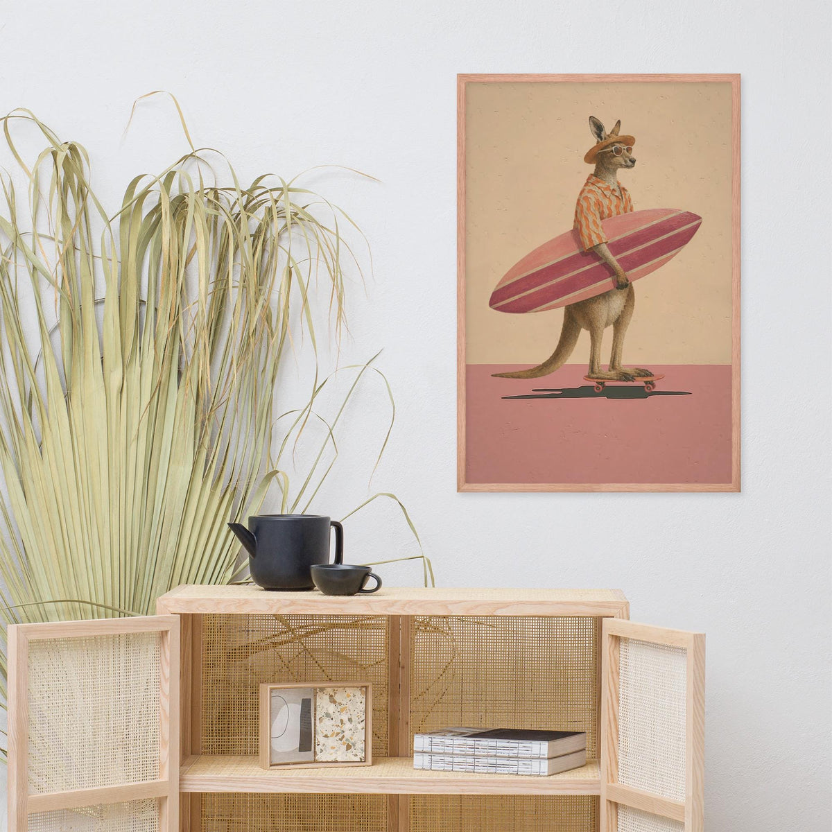 Surfing Kangaroo Wall Art Print displayed in a modern room, ideal kangaroo art accent for safari wall art