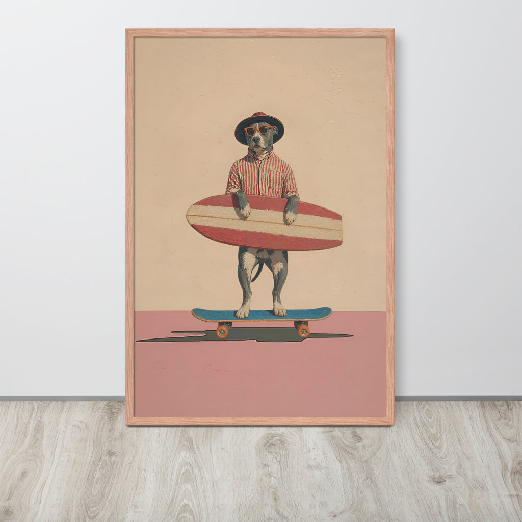 Vintage pitbull dog wall art print featuring a pitbull dog dressed as a surfer standing on a skateboard, leaning against a white wall on a light wood floor.