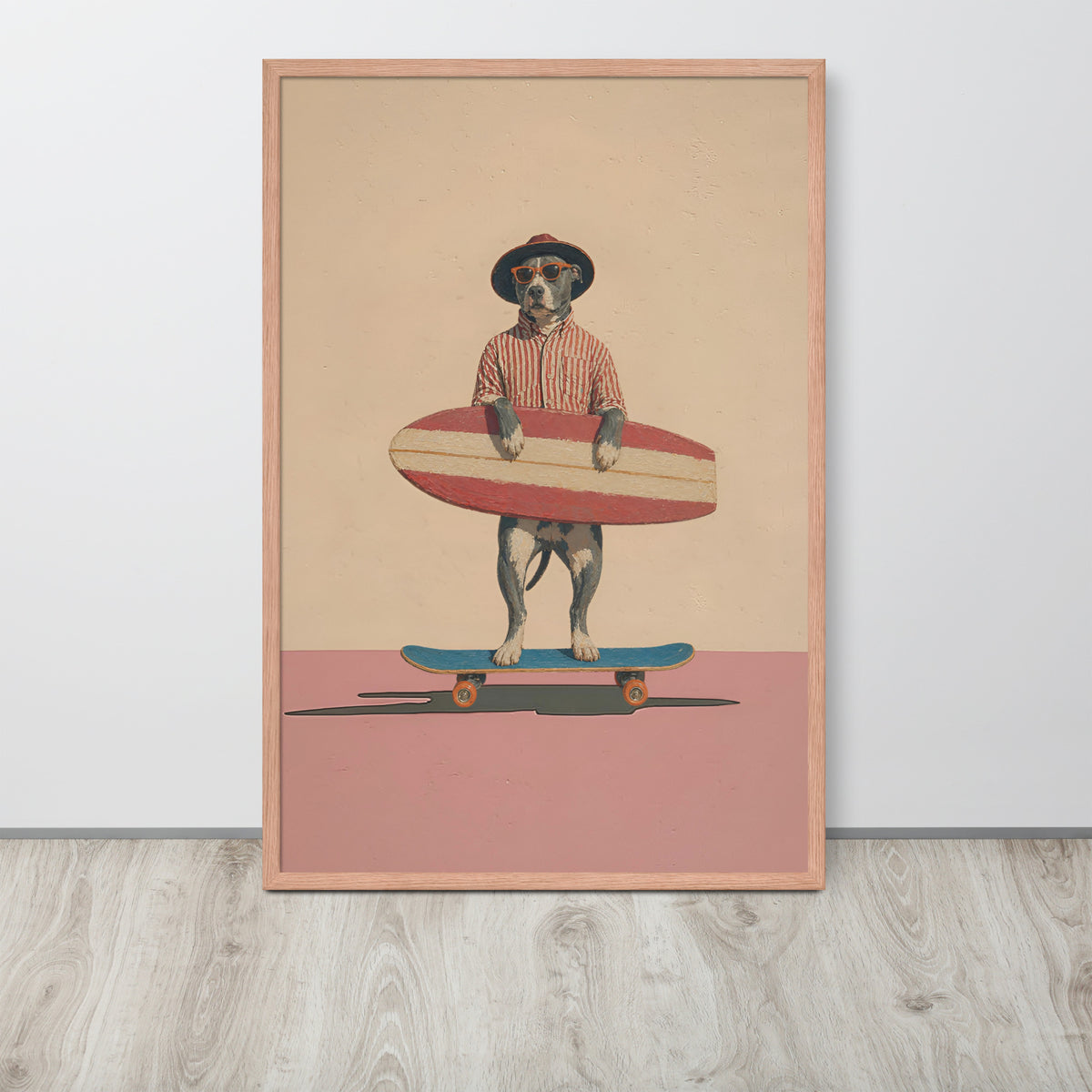 Vintage pitbull dog wall art print featuring a pitbull dog dressed as a surfer standing on a skateboard, leaning against a white wall on a light wood floor.