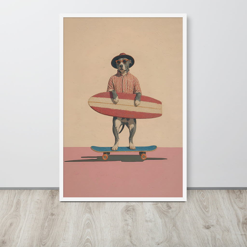 Retro pitbull dog wall art print leaning against a white wall on a light wood floor. The artwork shows a dog standing on a skateboard, holding a red and cream striped surfboard, against a beige and pink background.