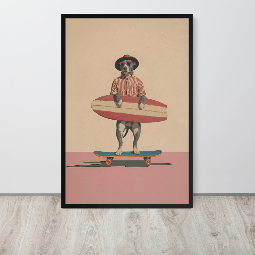 Pitbull dog wall art print featuring a dog dressed as a surfer holding a red and white surfboard while standing on a skateboard, displayed against a light gray wall on a light wood floor.