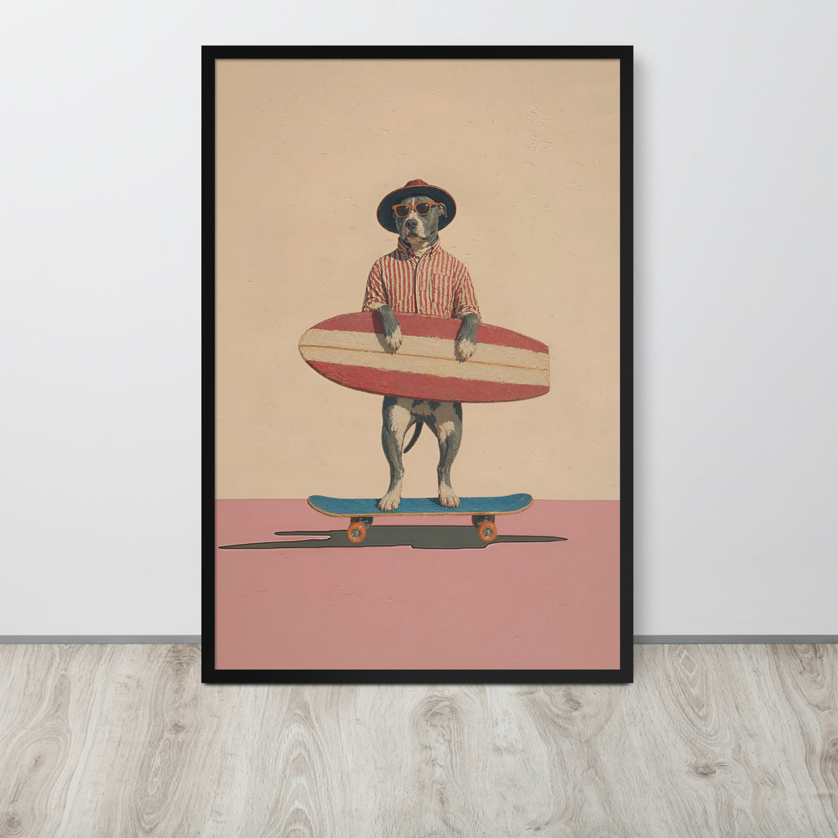 Pitbull dog wall art print featuring a dog dressed as a surfer holding a red and white surfboard while standing on a skateboard, displayed against a light gray wall on a light wood floor.