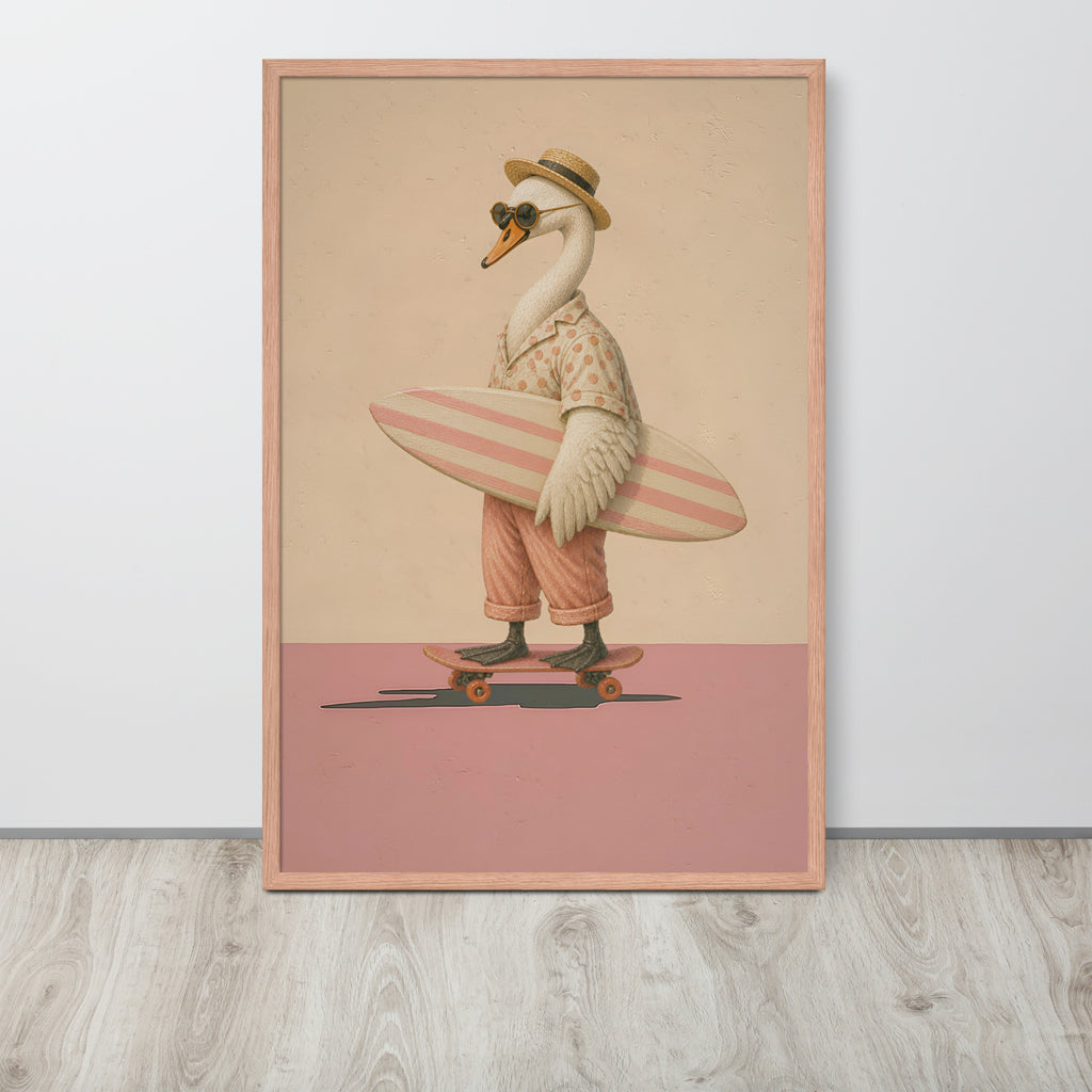 Funny bathroom wall art print featuring a whimsical illustration of a white swan dressed in a beige patterned shirt, brown hat, and pink pants, holding a pink and white striped surfboard while standing on a skateboard. The print is displayed leaning against a white wall on a light gray wood floor.