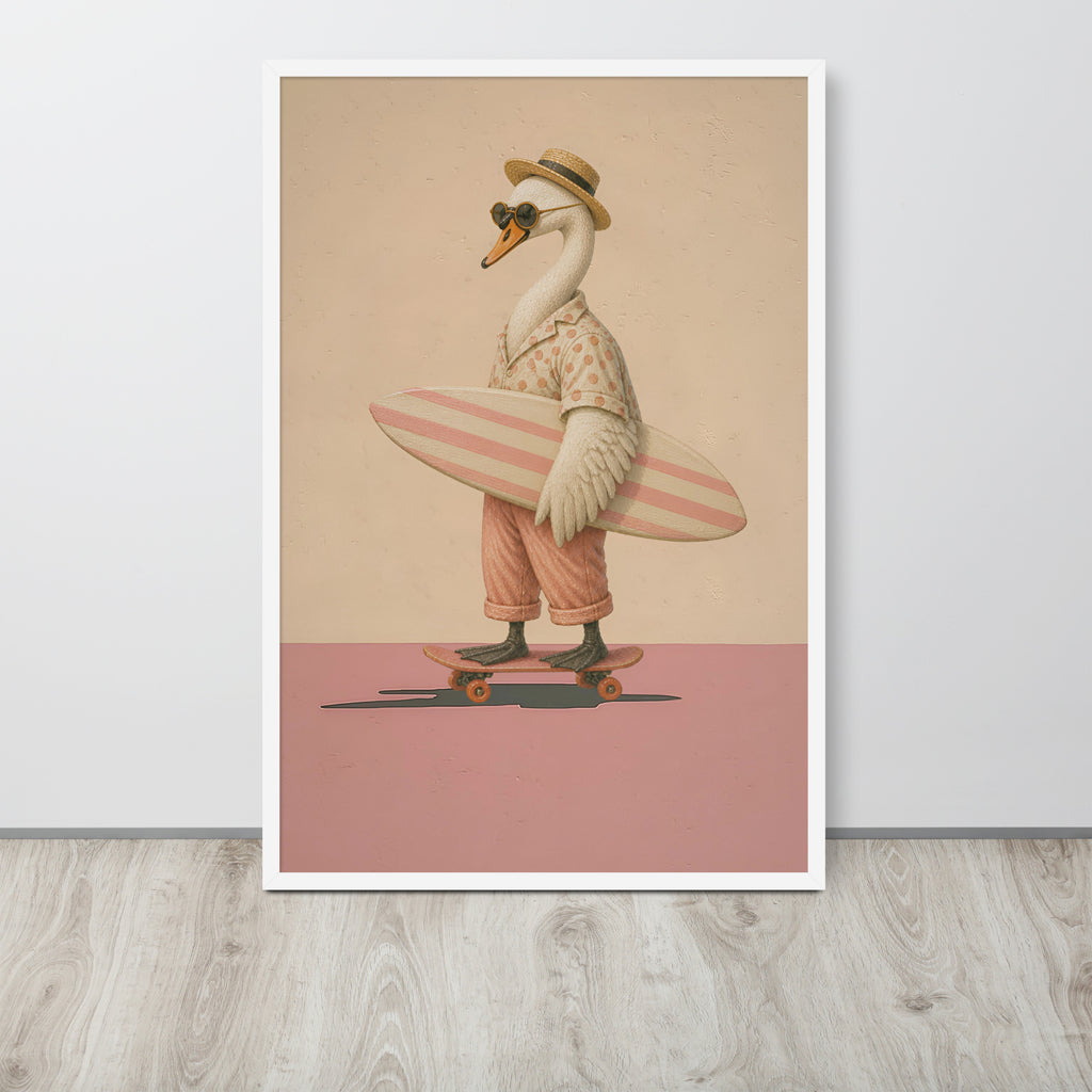 Funny swan bathroom decor print featuring a whimsical illustration of a white swan wearing a straw hat, sunglasses, and a patterned shirt while holding a pink-and-white striped surfboard on a skateboard. The print is displayed against a light gray wall above a light wood floor.