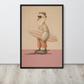 Swan wall art print featuring a whimsical illustration of a swan dressed in a hat, sunglasses, patterned shirt, and shorts, holding a pink striped surfboard while standing on a skateboard. The print is displayed against a white wall on a light wood floor.