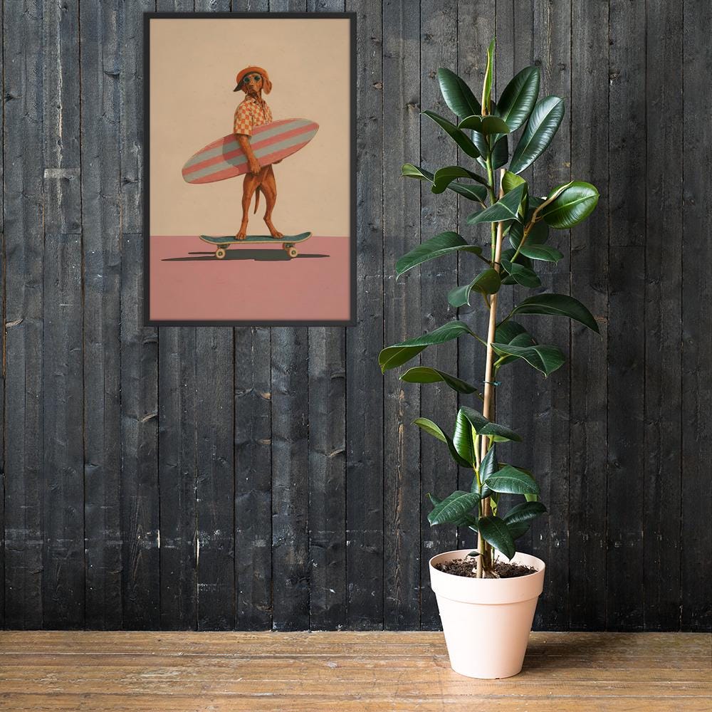 Vintage Vizsla Dog Wall Art Print mockup highlighting dog surfboard art and vizsla painting style