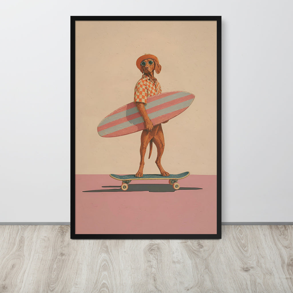 Vizsla wall art print featuring a vizsla dog dressed as a surfer, standing on a skateboard against a beige and pink background, leaning against a white wall on a light wood floor.