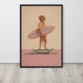 Vizsla wall art print featuring a vizsla dog dressed as a surfer, standing on a skateboard against a beige and pink background, leaning against a white wall on a light wood floor.
