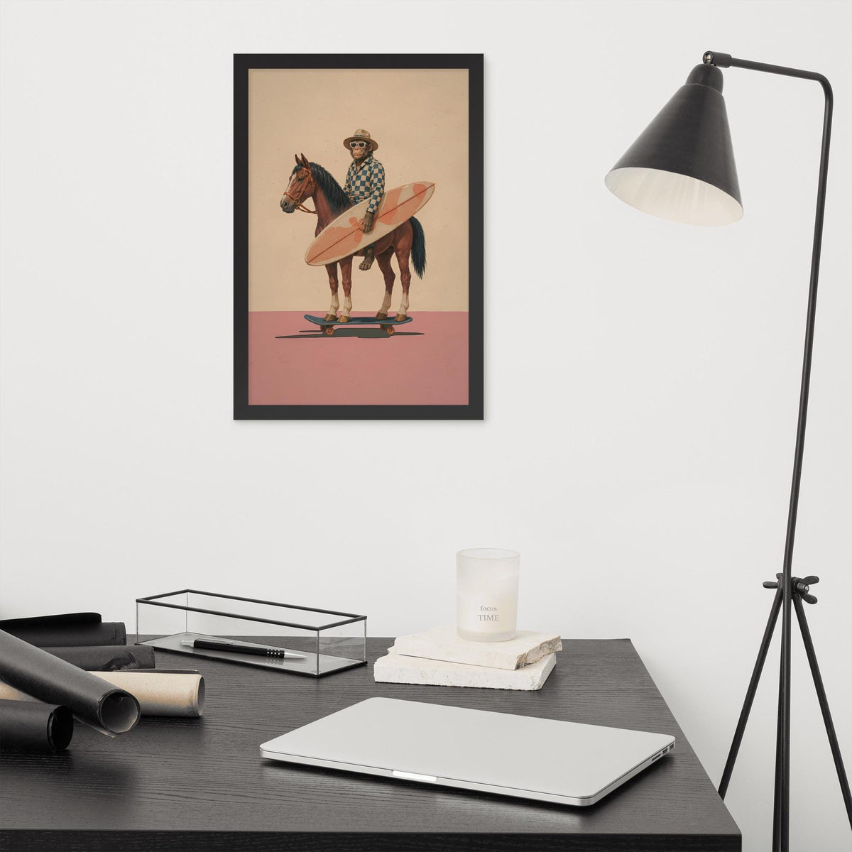 Surfing Monkey Horse Riding Print styled on a wall, blending farm wall art and monkey riding art inspiration