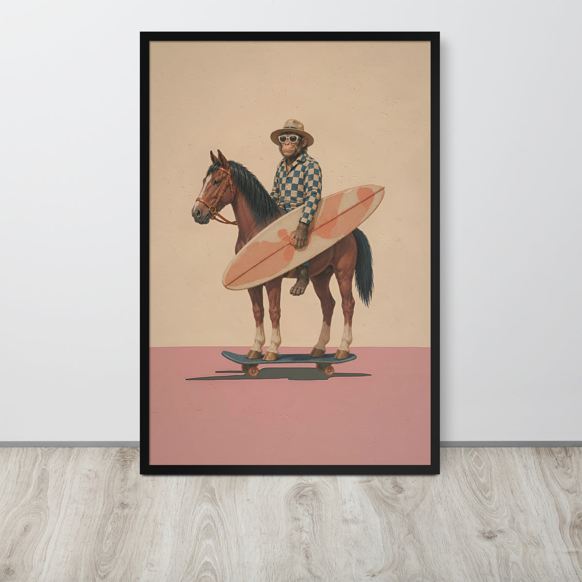 Surreal wall art print featuring a monkey in a checkered shirt and hat riding a brown horse while holding a pink surfboard, all on a skateboard, with a pink ground plane and a black frame.