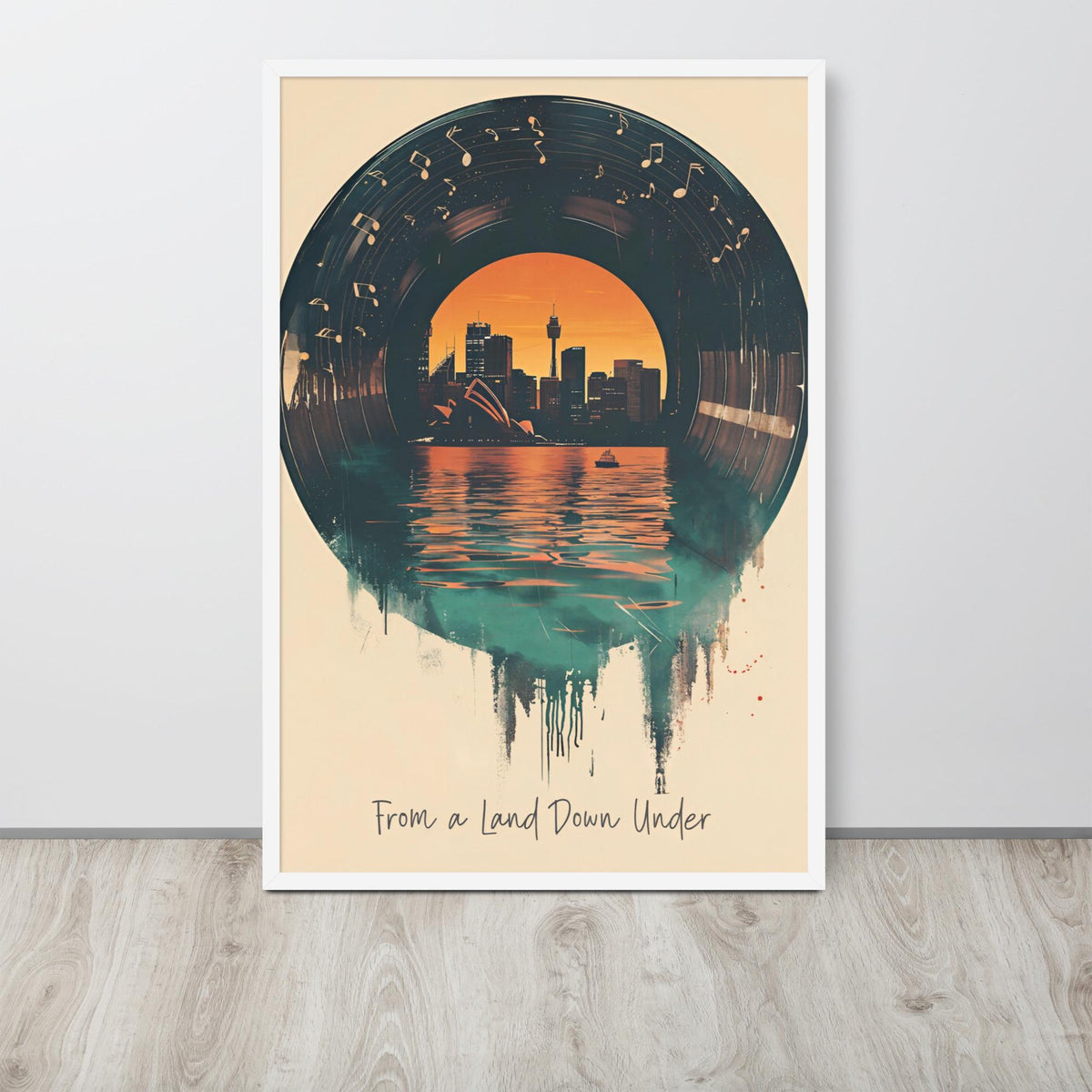 Sydney Vinyl Wall Art, Australia Vintage Music Poster mockup highlighting retro vinyl poster and vinyl art style