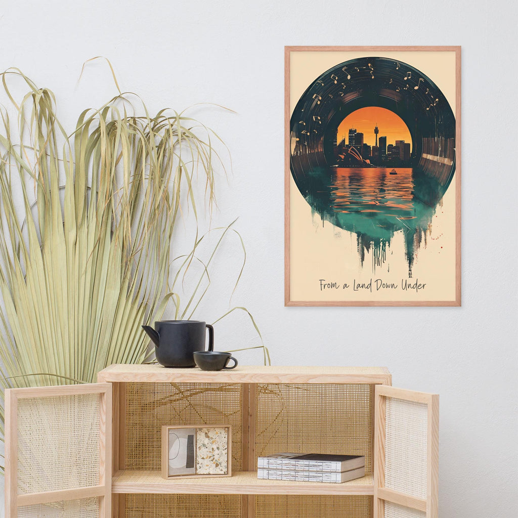 Sydney Vinyl Wall Art, Australia Vintage Music Poster styled on a wall, blending music room decor and sydney wall art inspiration