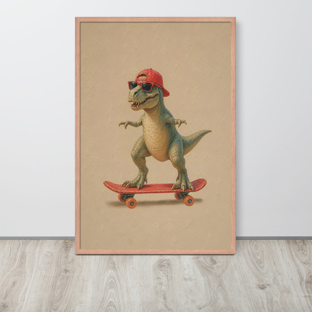 A framed art print featuring a cartoon T-Rex wearing a red cap and sunglasses while riding a red skateboard, perfect dinosaur nursery decor.