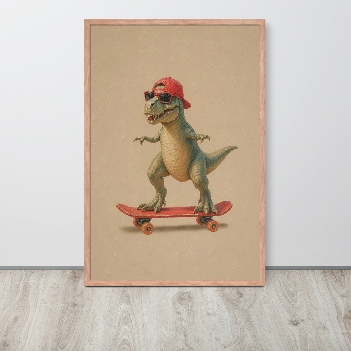 A framed art print featuring a cartoon T-Rex wearing a red cap and sunglasses while riding a red skateboard, perfect dinosaur nursery decor.
